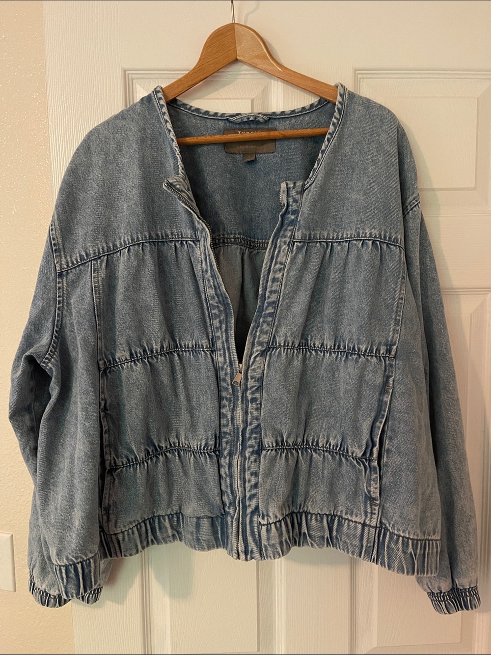 Light Wash Gathered-Panel Denim Jacket - Women